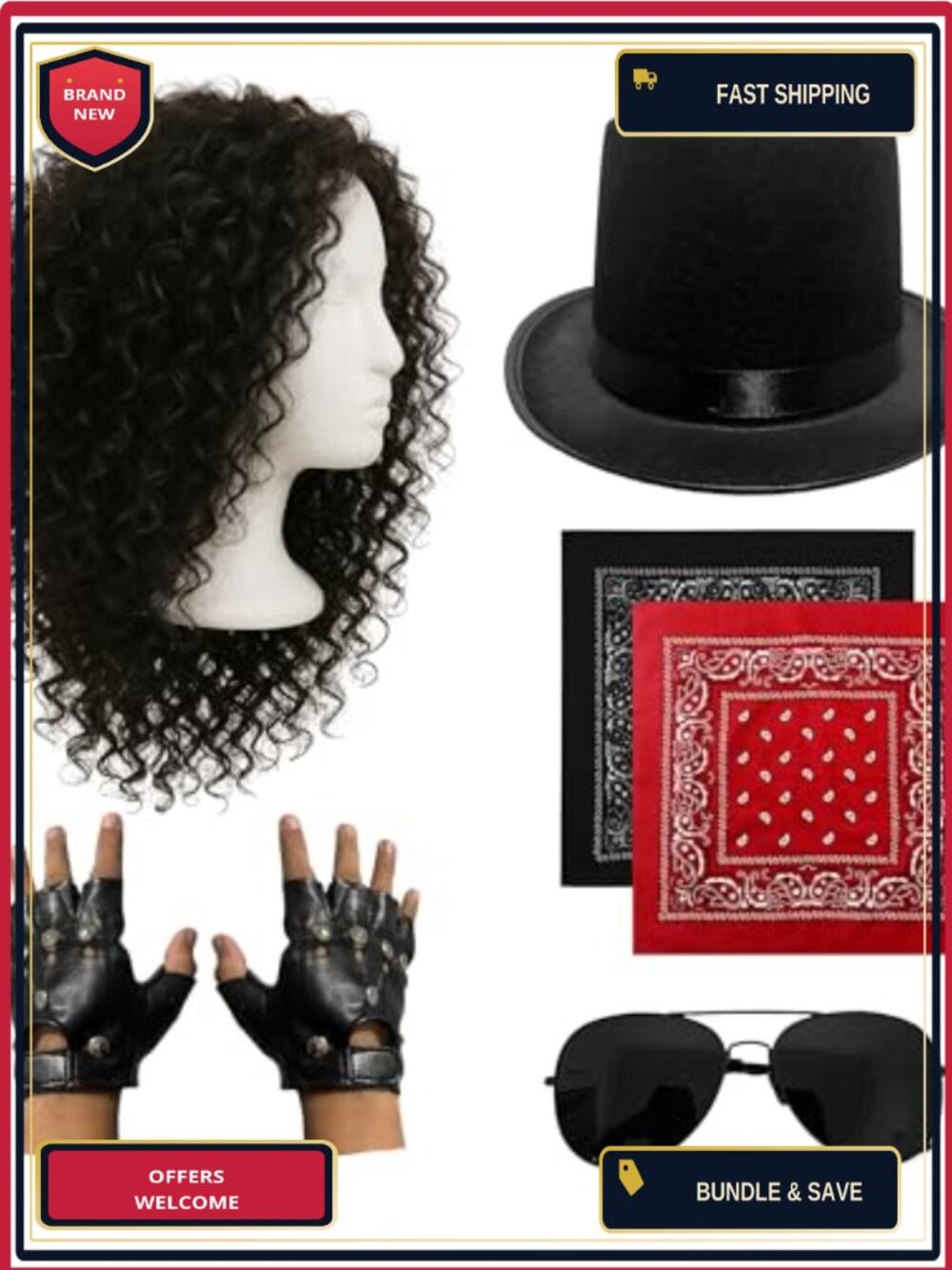 Adult Rockstar Costume Set Afro Wig Hat Gloves Bandana Sunglasses Cosplay